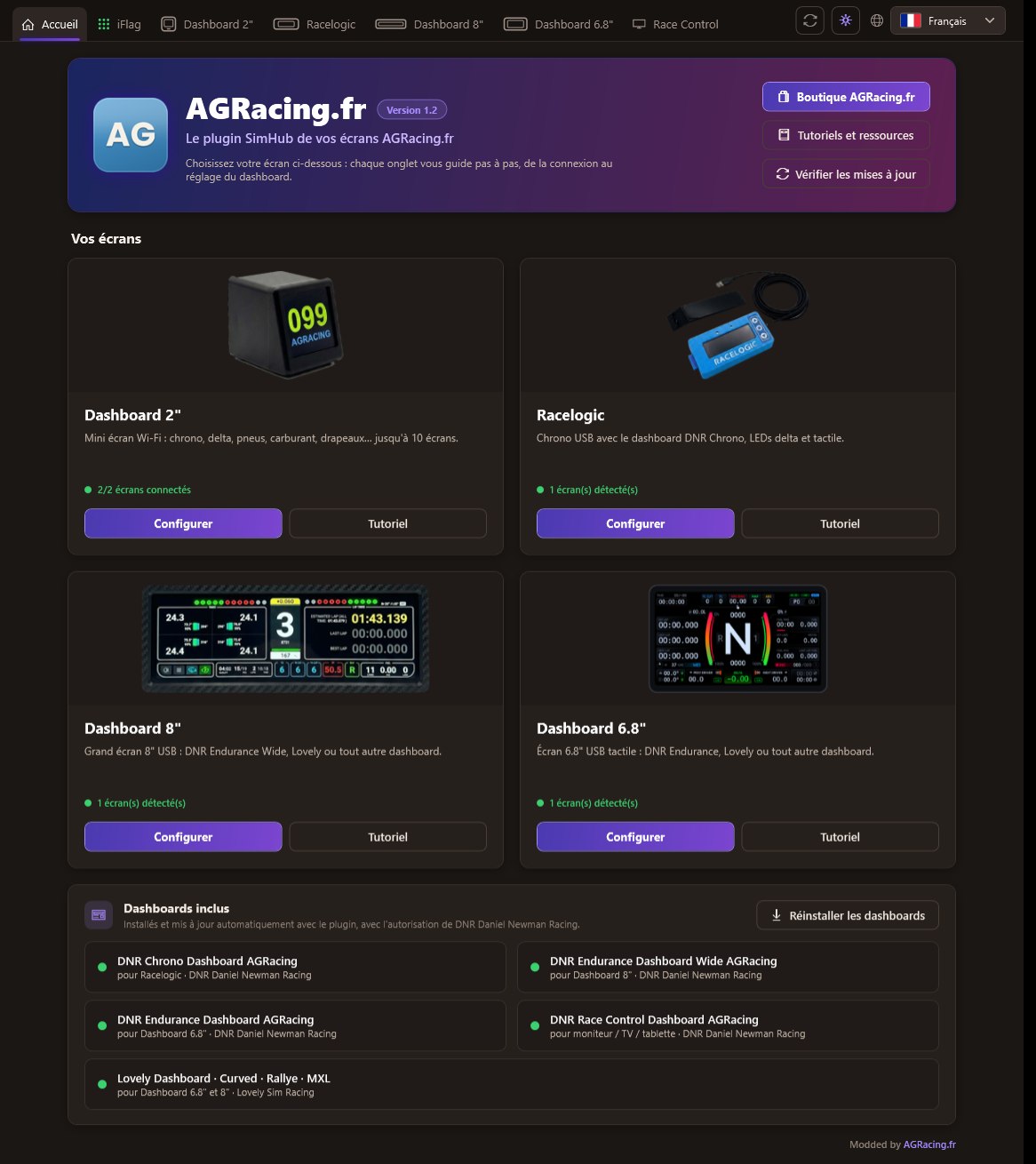 Page d'accueil du plugin SimHub AGRacing.fr : Dashboard 2", Racelogic, Dashboard 8", Dashboard 7" et iFlag en un coup d'œil