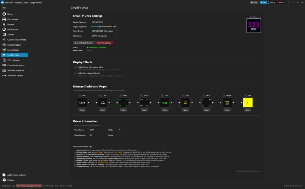 Onglet SmallTV Ultra dans SimHub avec le champ d'adresse IP et le bouton Sync Settings & Theme