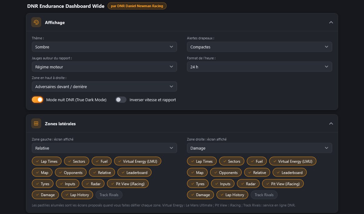 Réglages du dashboard DNR Endurance dans l'onglet Dashboard 8" : affichage et zones latérales