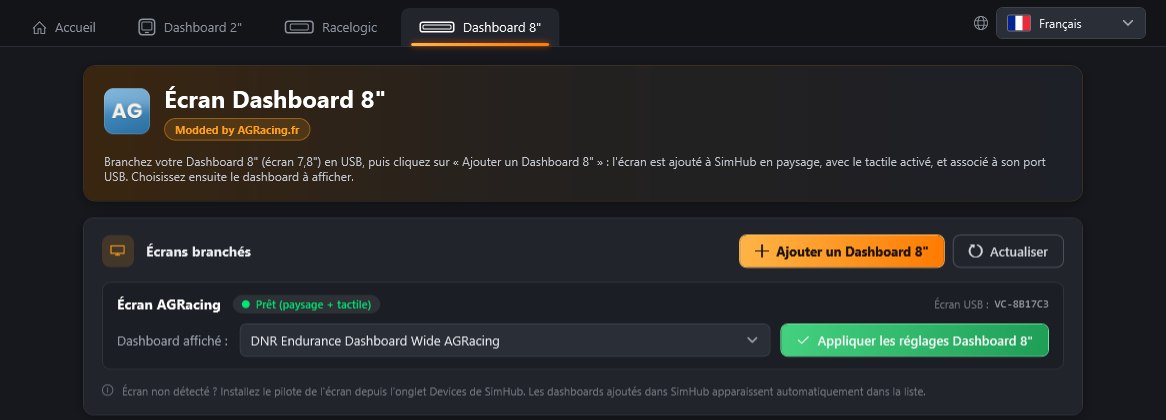 Onglet Dashboard 8" du plugin AGRacing.fr : l'écran AGRacing est prêt et le dashboard DNR Endurance Wide est sélectionné