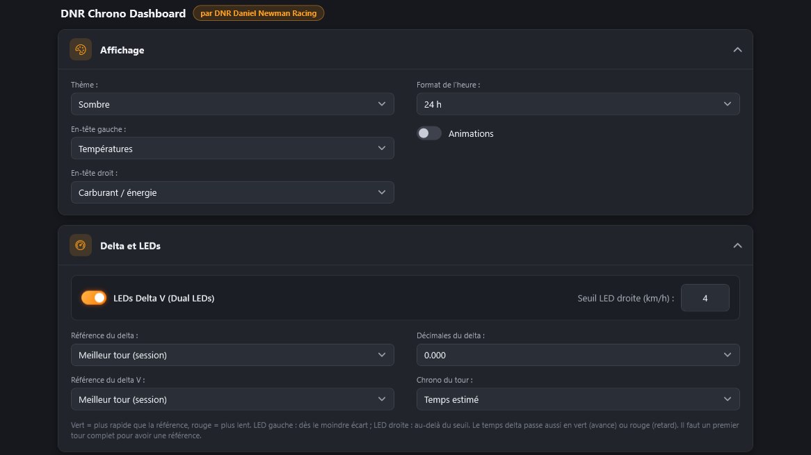 Réglages du dashboard DNR Chrono dans l'onglet Racelogic : affichage, delta et LEDs