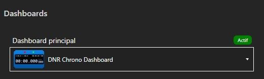 DNR Chrono Dashboard défini comme Dashboard principal actif dans SimHub
