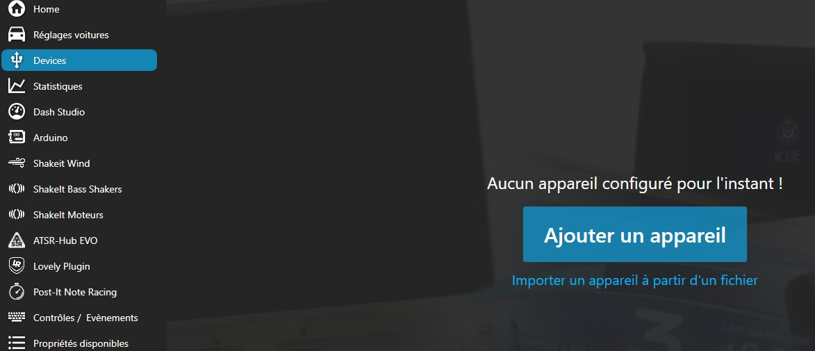 Onglet Devices de SimHub avec le bouton Ajouter un appareil
