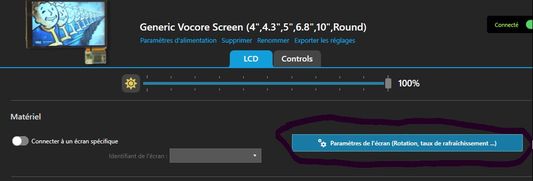 Accès aux paramètres de rotation de l'écran Vocore dans SimHub